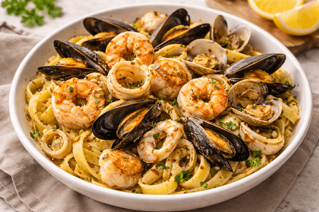 A bowl of seafood fettuccine