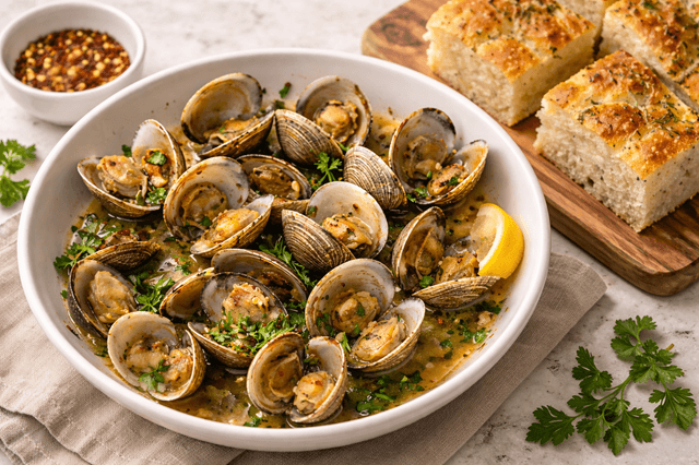 Steamed clams with focaccia bread